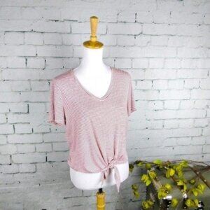 Elan Striped Tie Front Short Sleeve V-neck Top In Red Size Small